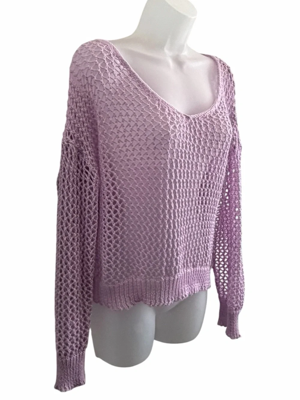 Women's Open-Knit V-Neck Sweater in Lilac